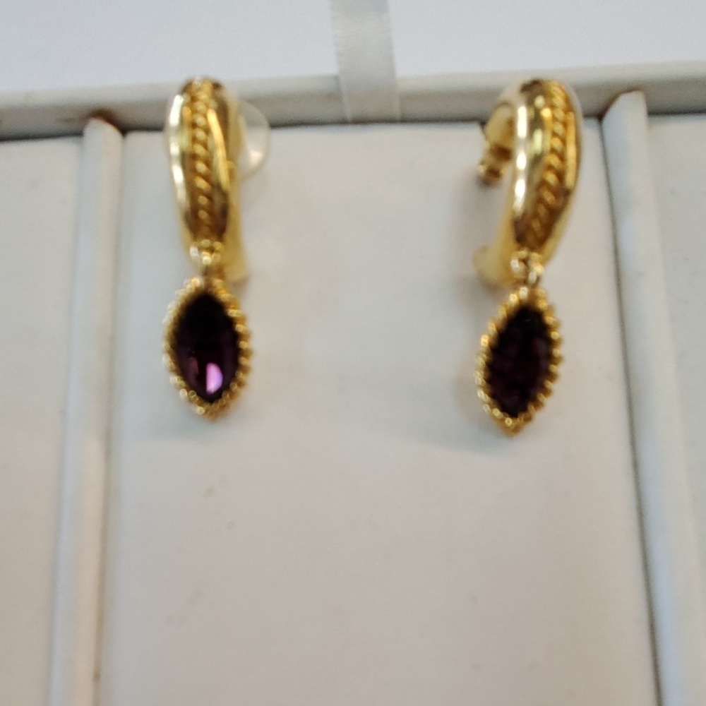 Goldtone earrings with royal purple dangle
